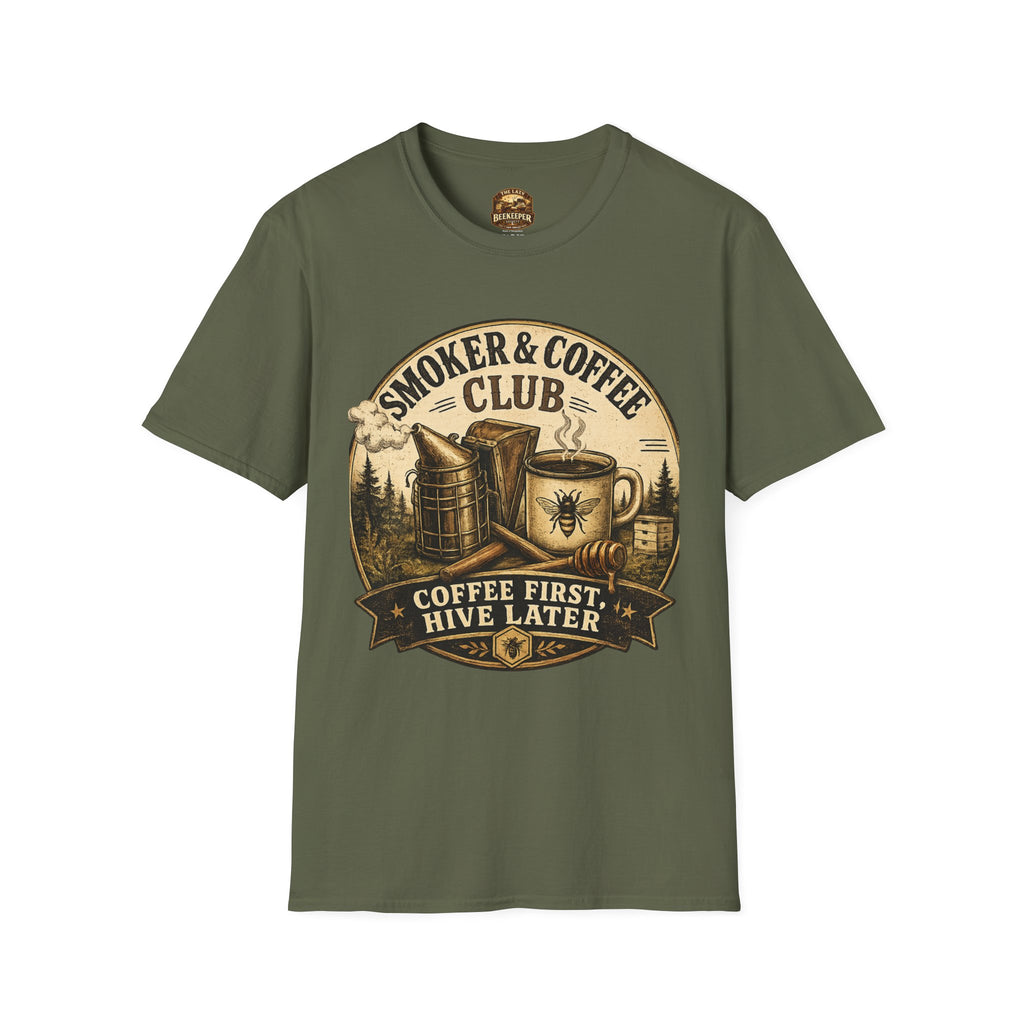 Smoker & Coffee Club T-Shirt — "Coffee First, Hive Later" Vintage Badge