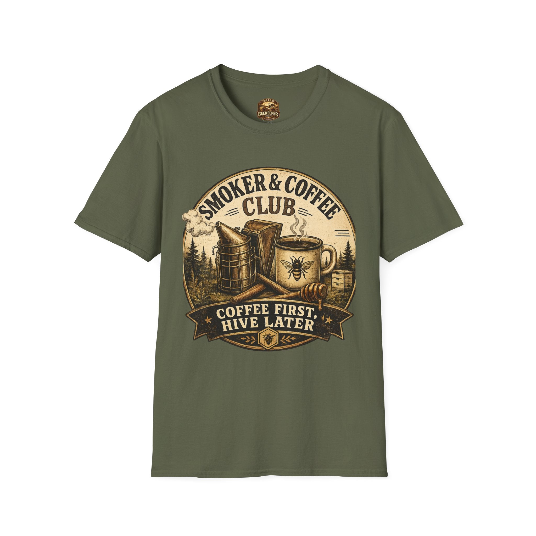 Smoker & Coffee Club T-Shirt — "Coffee First, Hive Later" Vintage Badge