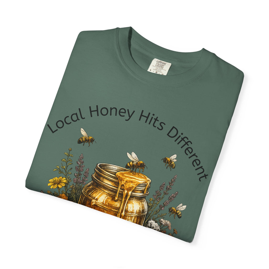 Beekeeper Support T-Shirt — "Local Honey Hits Different" Floral Honey Jar Tee
