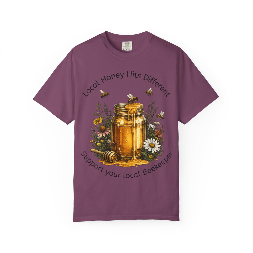Beekeeper Support T-Shirt — "Local Honey Hits Different" Floral Honey Jar Tee