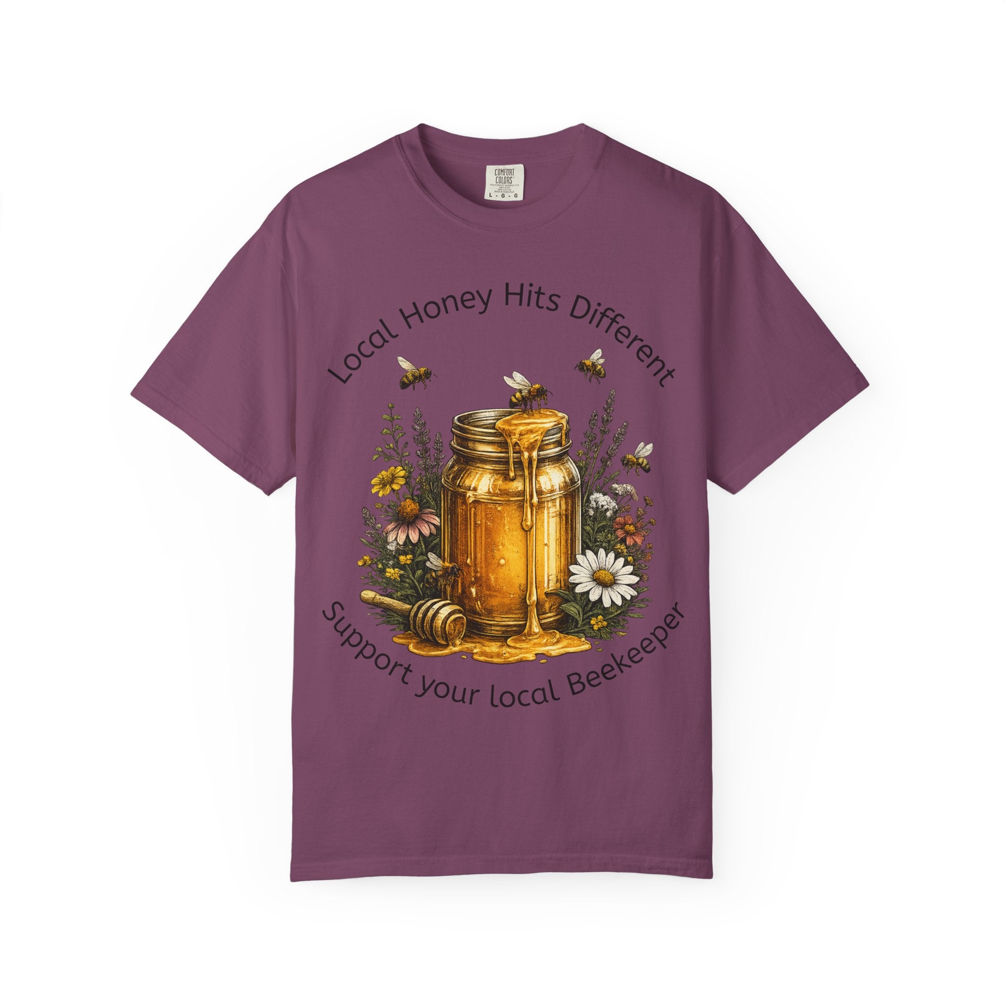 Beekeeper Support T-Shirt — "Local Honey Hits Different" Floral Honey Jar Tee