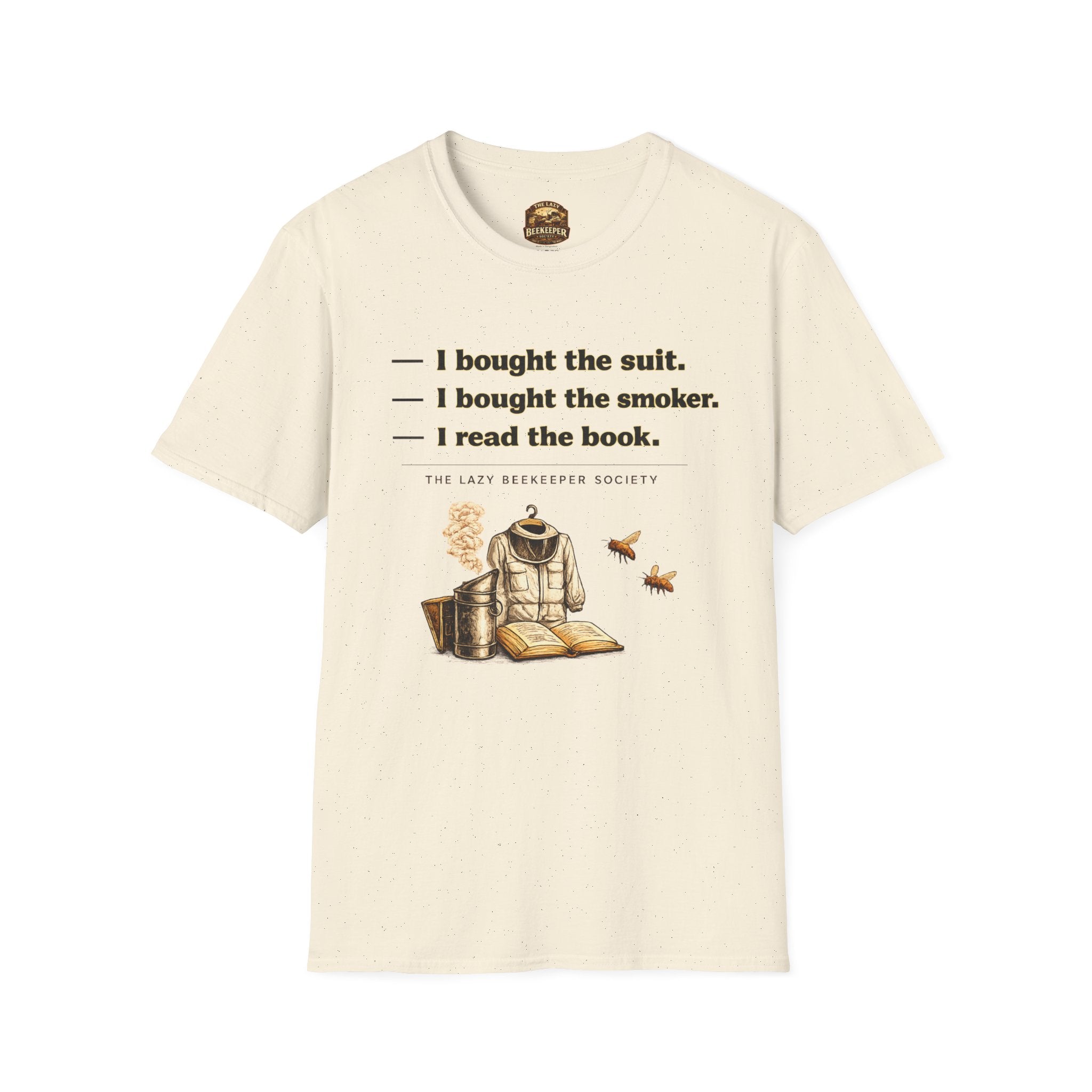 T‑Shirt — Literary Humor Tee: “I bought the suit. I bought the smoker. I read the book.”