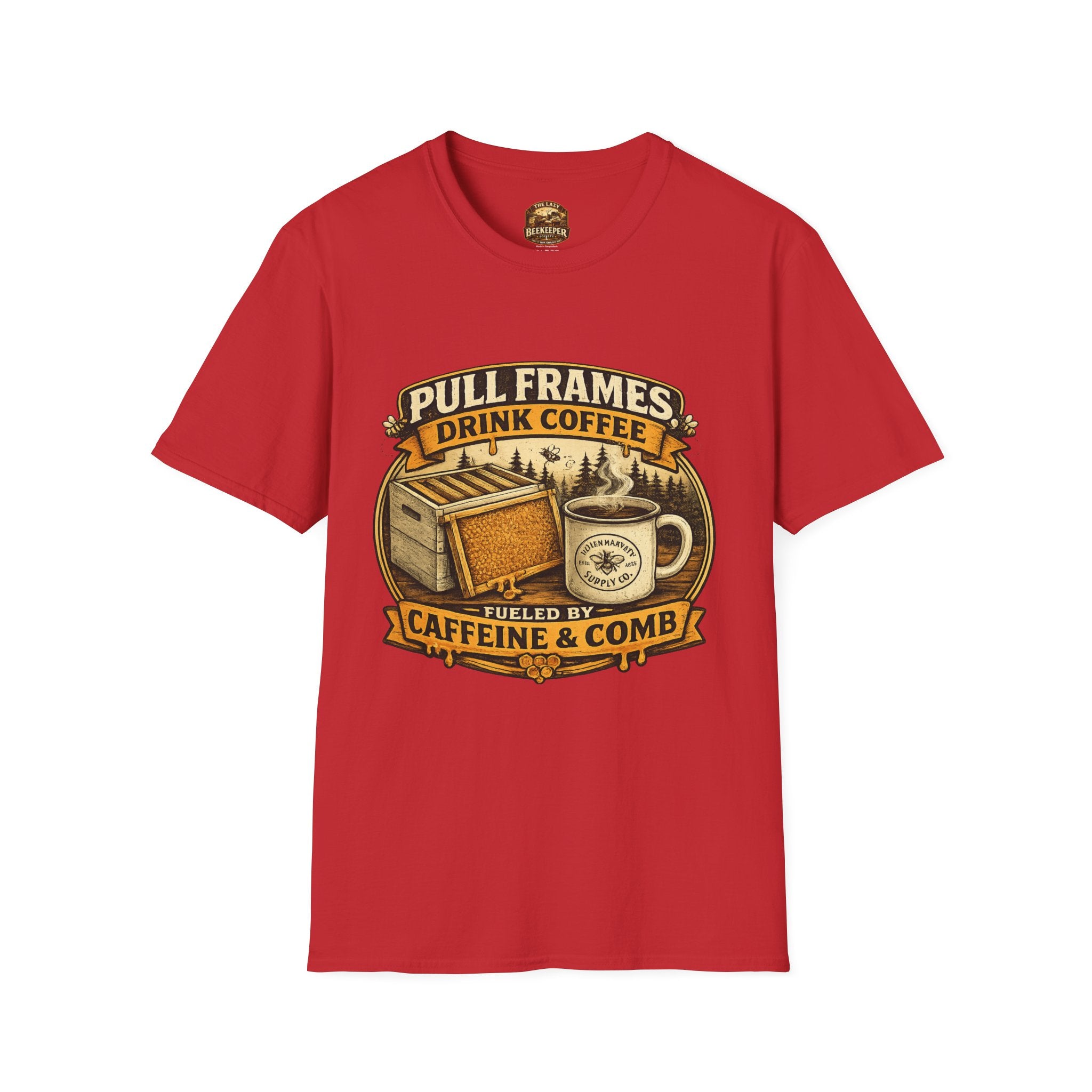 T-Shirt „Pull Frames Drink Coffee“ – Imker Kaffee & Waben Grafik-T-Shirt