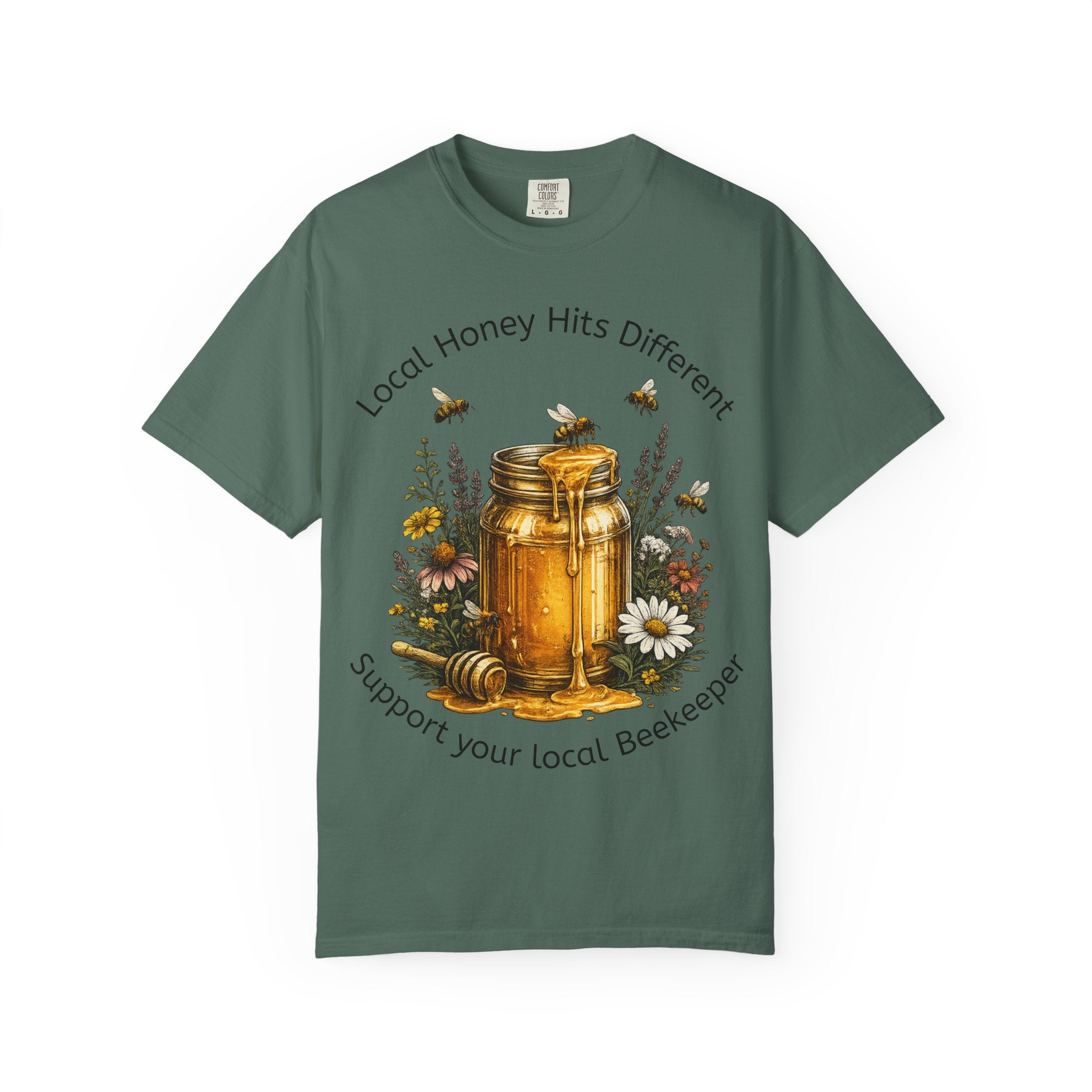 Beekeeper Support T-Shirt — "Local Honey Hits Different" Floral Honey Jar Tee