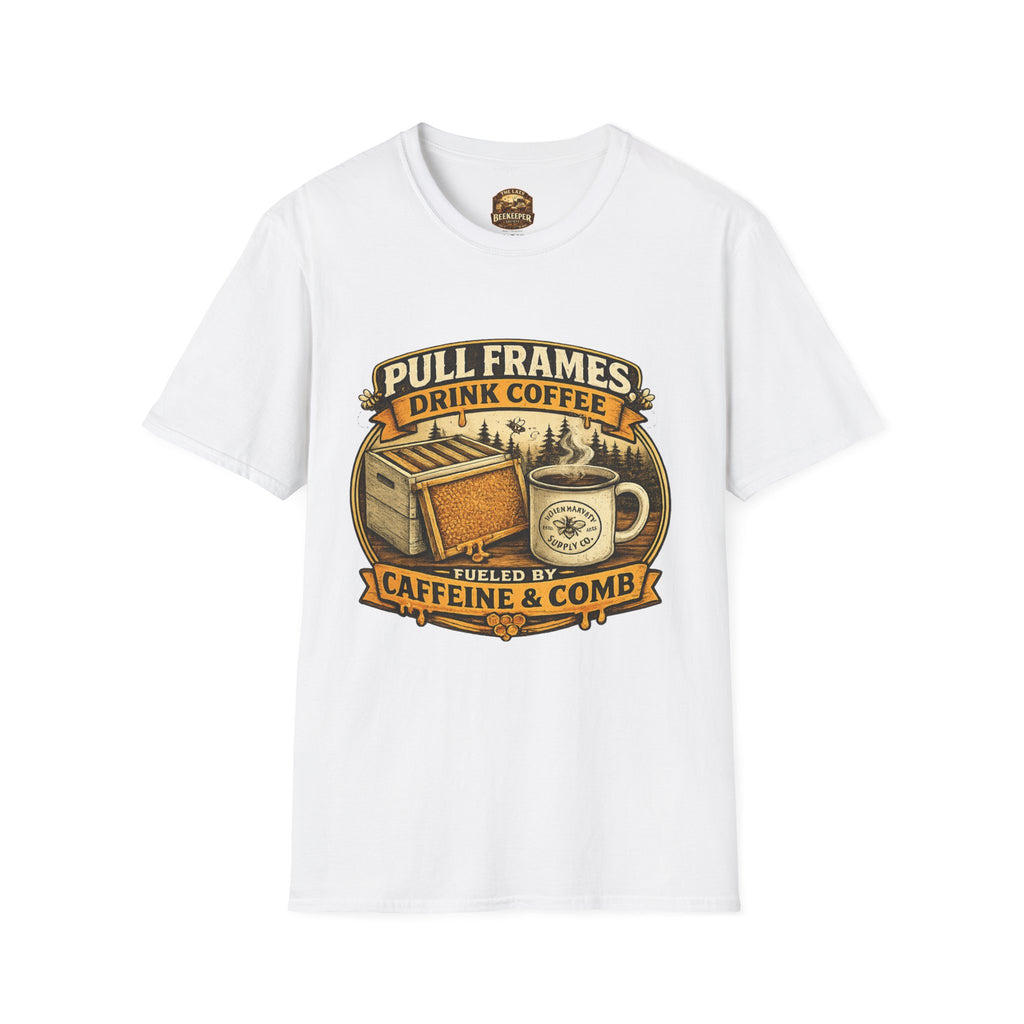 T-Shirt „Pull Frames Drink Coffee“ – Imker Kaffee & Waben Grafik-T-Shirt