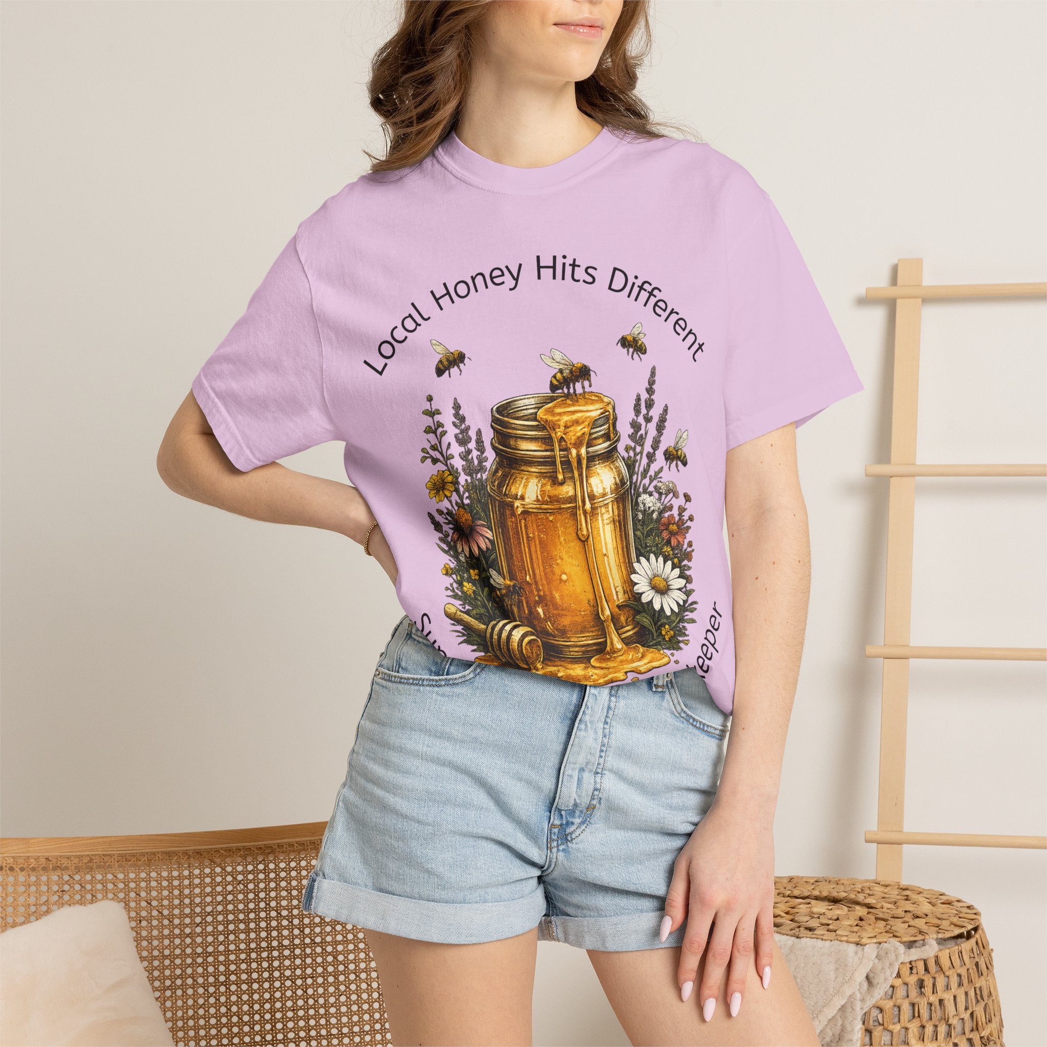 Beekeeper Support T-Shirt — "Local Honey Hits Different" Floral Honey Jar Tee