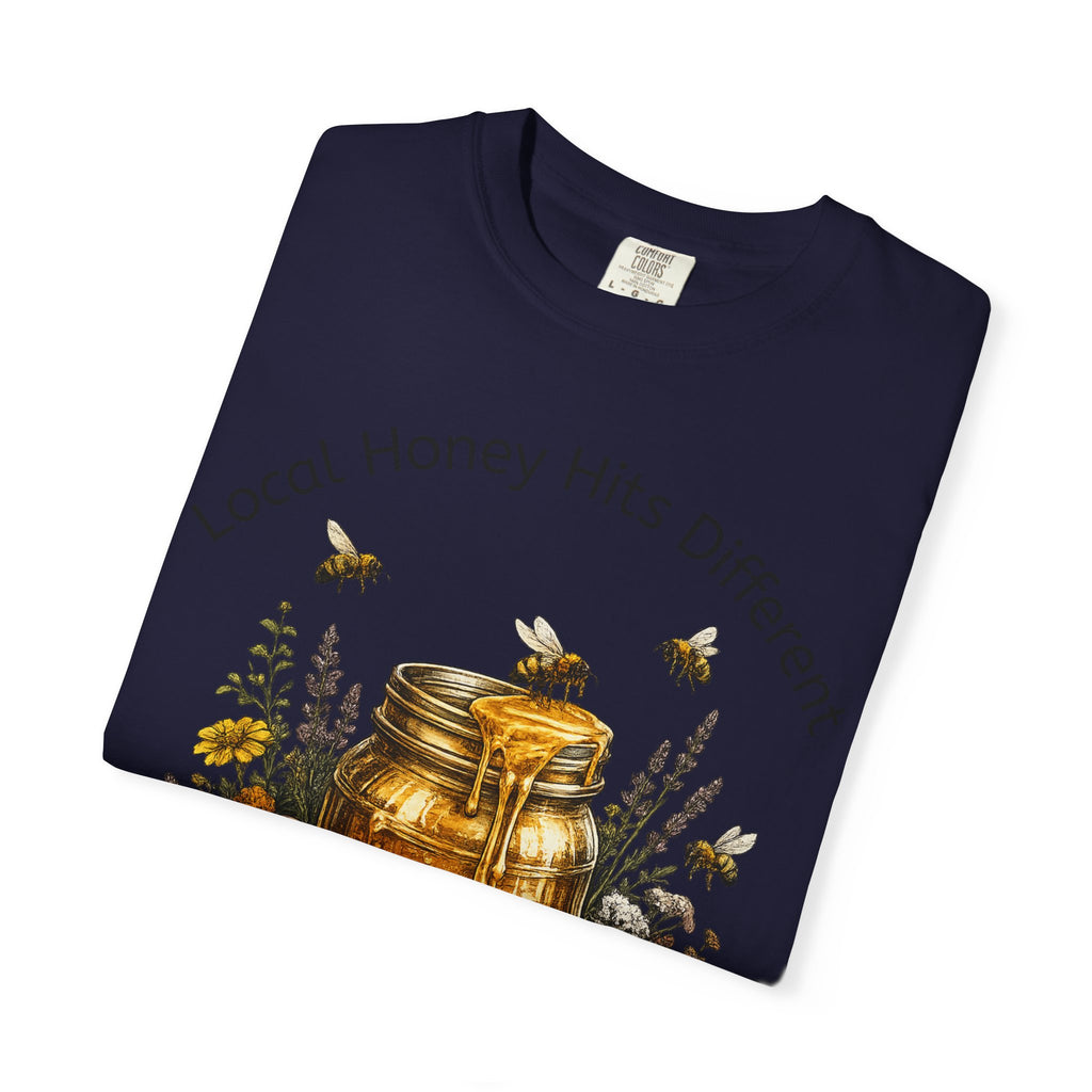 Beekeeper Support T-Shirt — "Local Honey Hits Different" Floral Honey Jar Tee