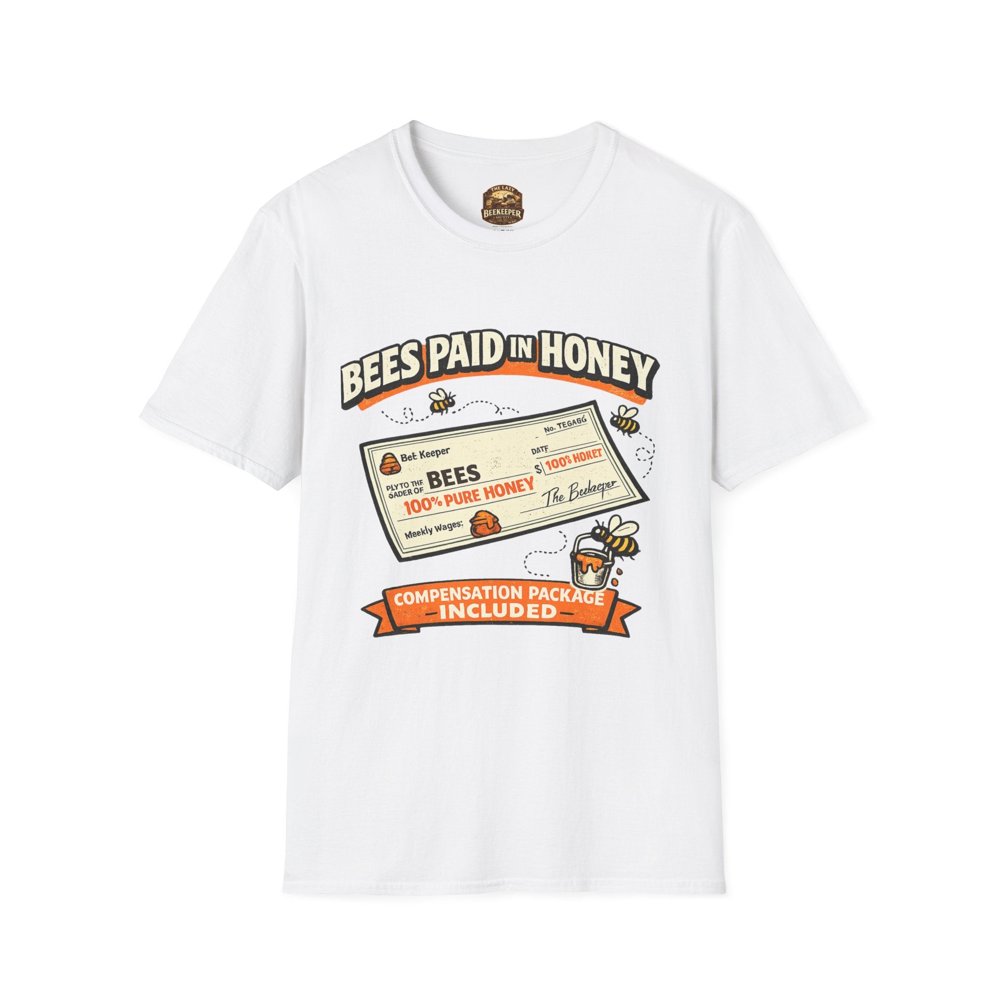 Beekeeping T-Shirt — "Bees Paid in Honey" Vintage Check Design
