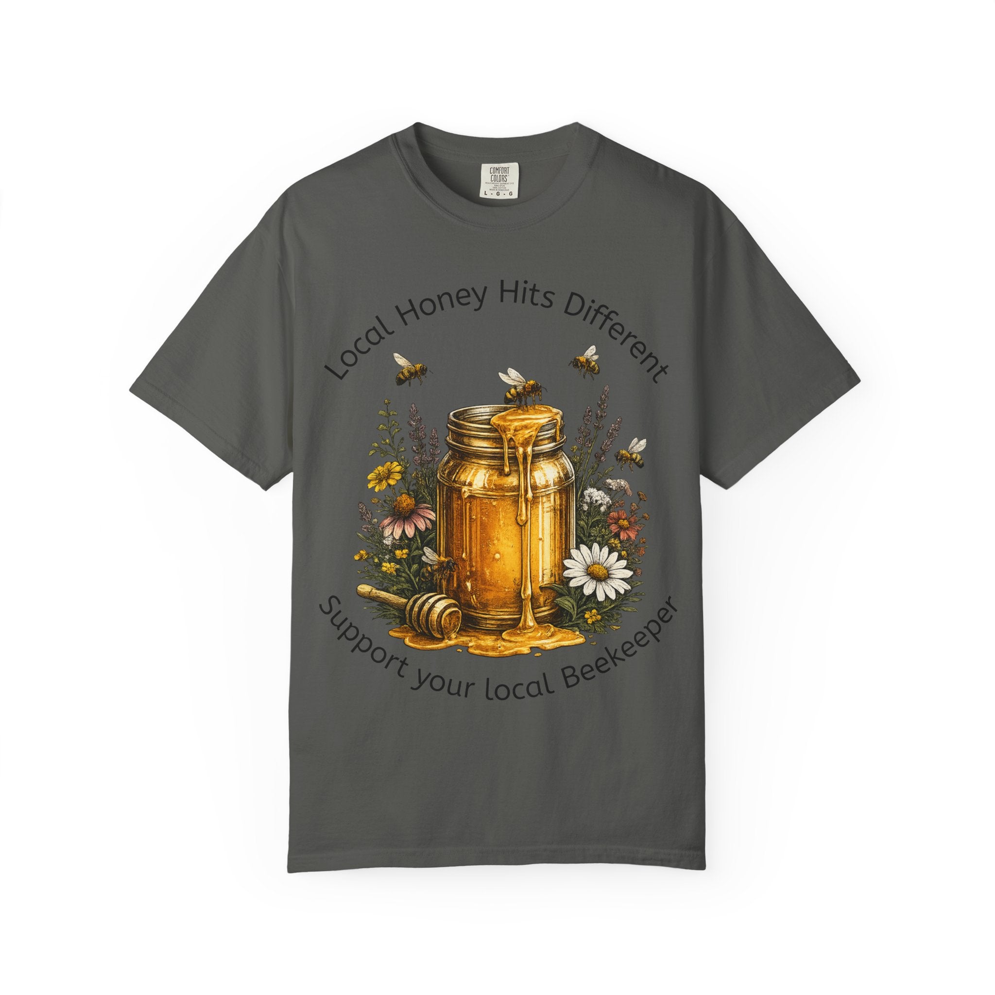 Beekeeper Support T-Shirt — "Local Honey Hits Different" Floral Honey Jar Tee