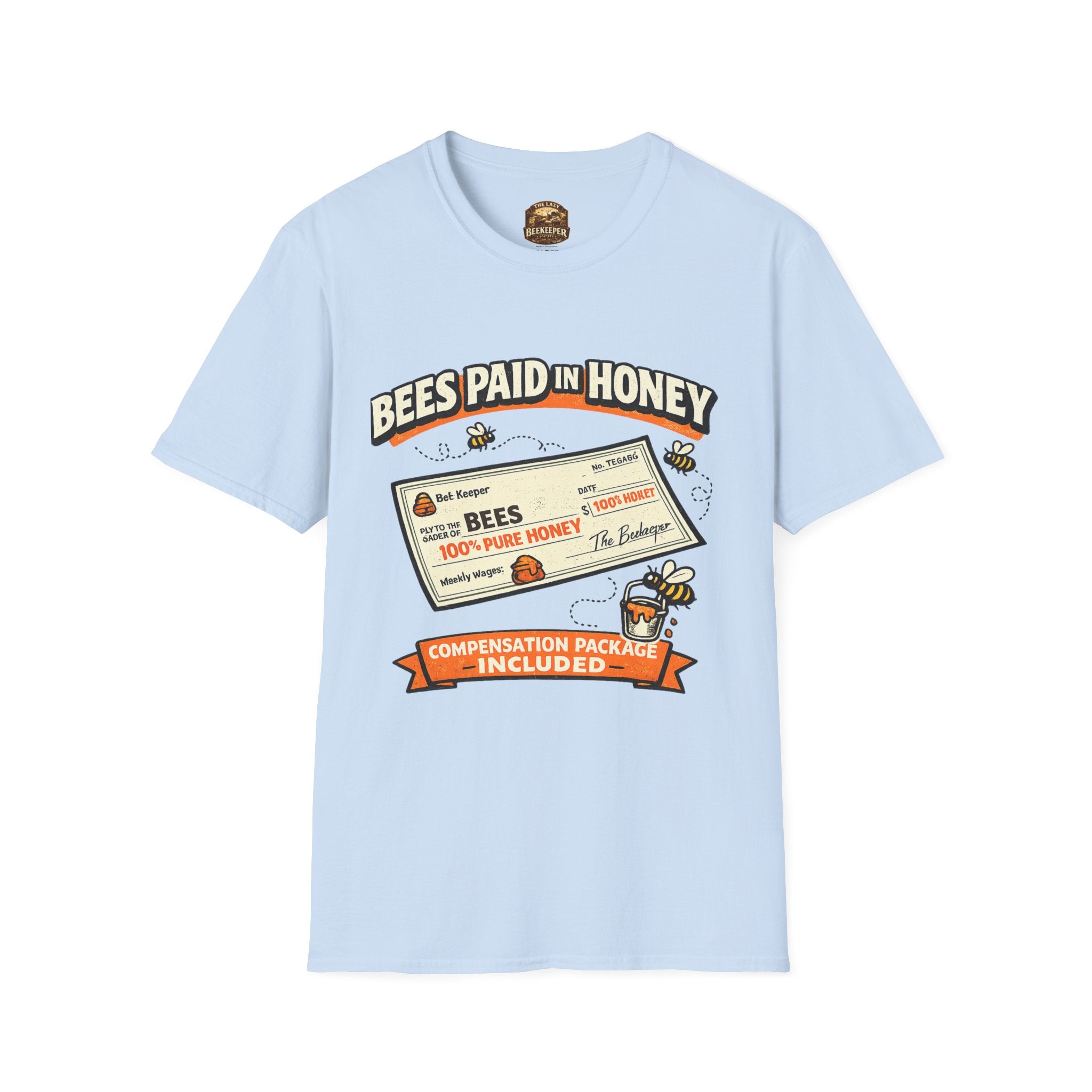 Beekeeping T-Shirt — "Bees Paid in Honey" Vintage Check Design