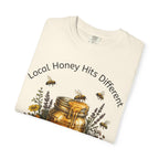 Beekeeper Support T-Shirt — "Local Honey Hits Different" Floral Honey Jar Tee