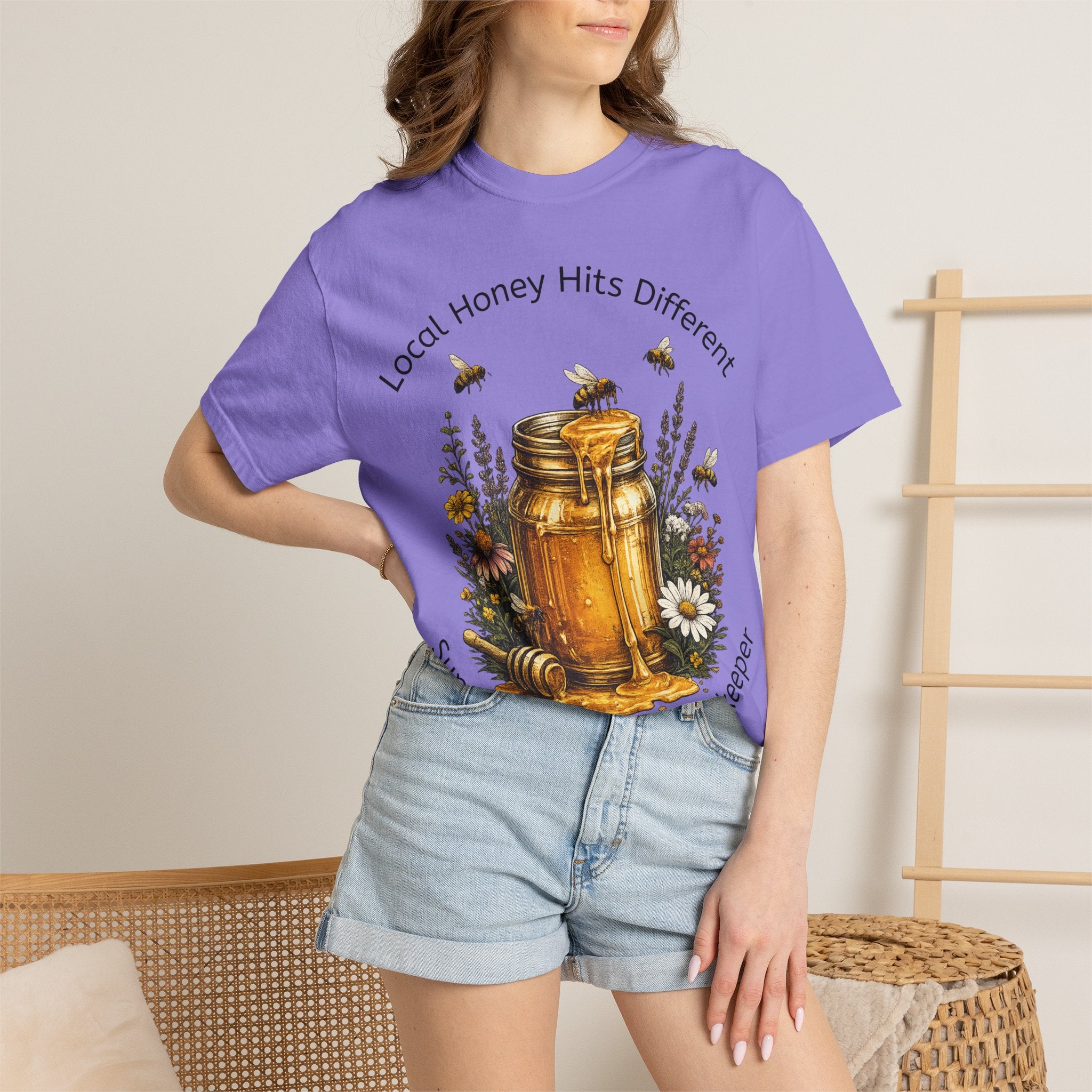 Beekeeper Support T-Shirt — "Local Honey Hits Different" Floral Honey Jar Tee