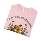 Beekeeper Support T-Shirt — "Local Honey Hits Different" Floral Honey Jar Tee