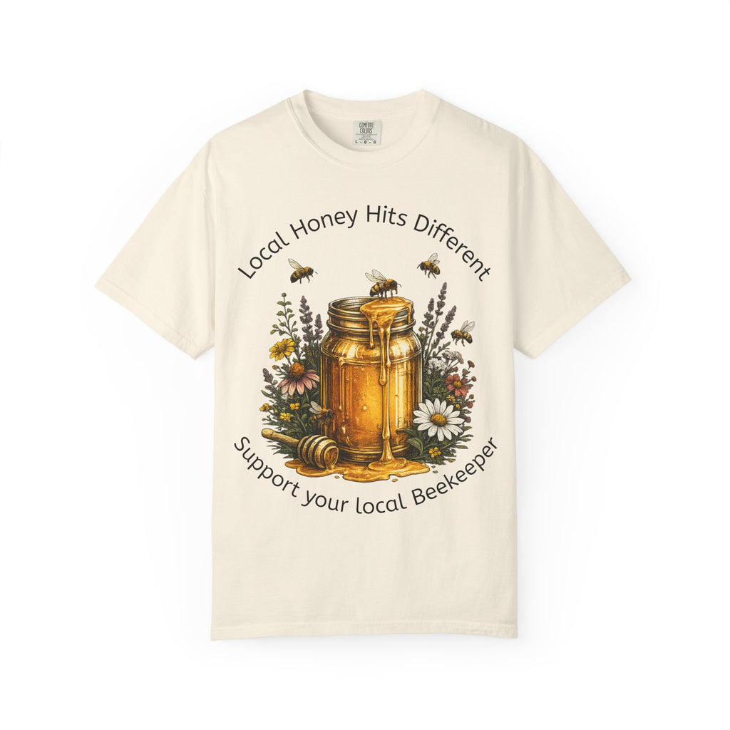 Beekeeper Support T-Shirt — "Local Honey Hits Different" Floral Honey Jar Tee