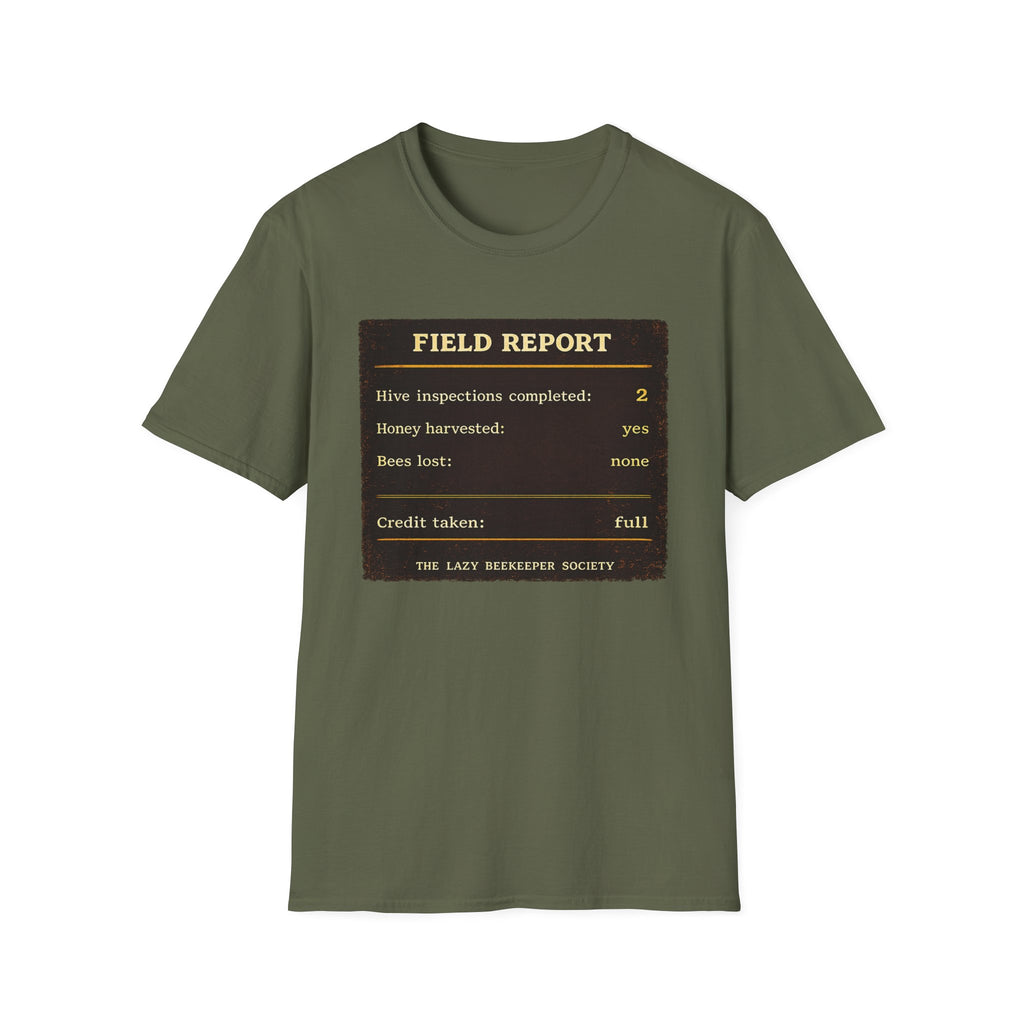 T-Shirt — „Feldbericht: Bienenstockinspektionen abgeschlossen“ Vintage Imker Grafik-T-Shirt