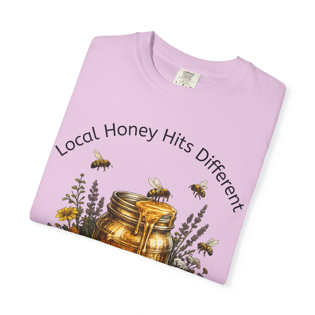 Beekeeper Support T-Shirt — "Local Honey Hits Different" Floral Honey Jar Tee