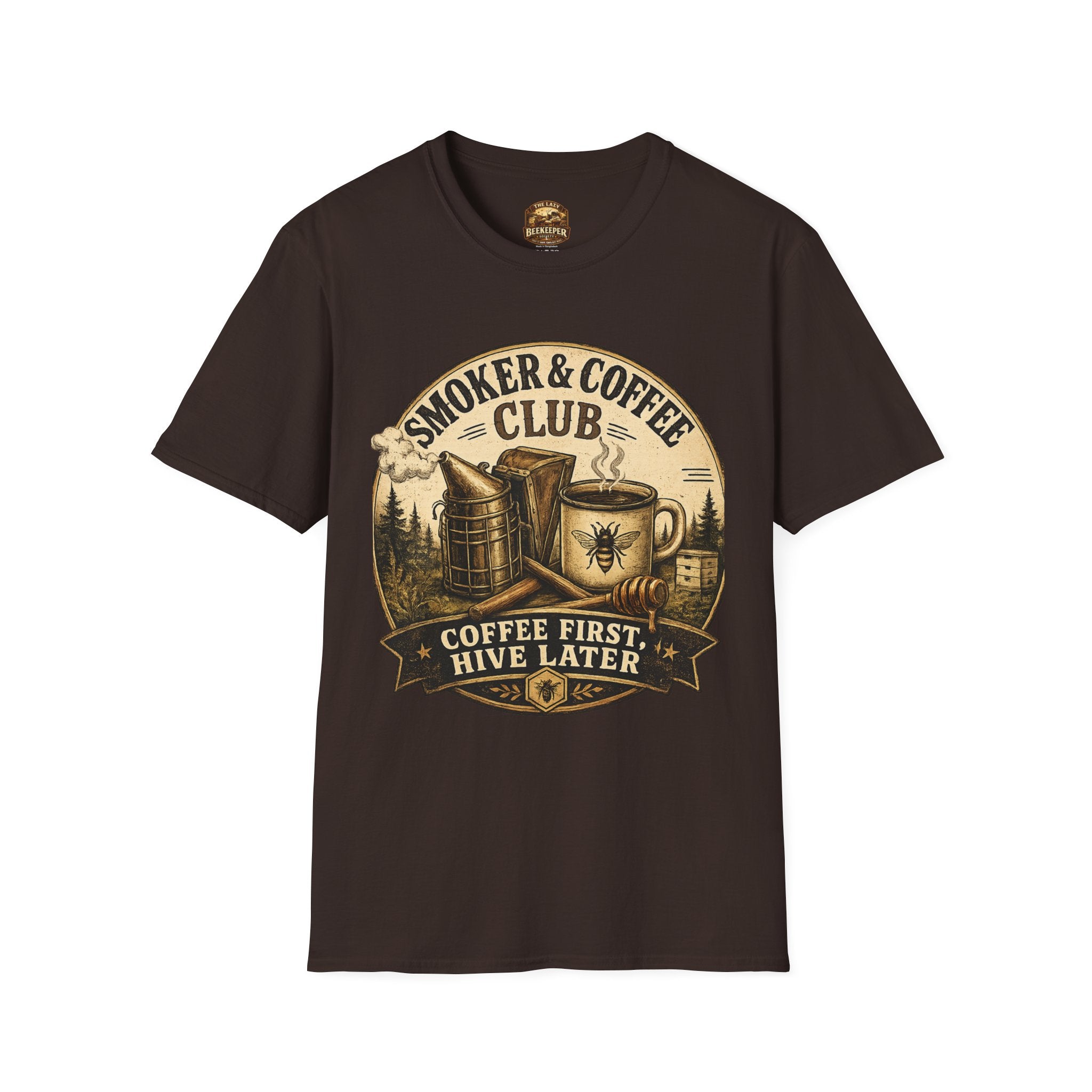 Smoker & Coffee Club T-Shirt — "Coffee First, Hive Later" Vintage Badge