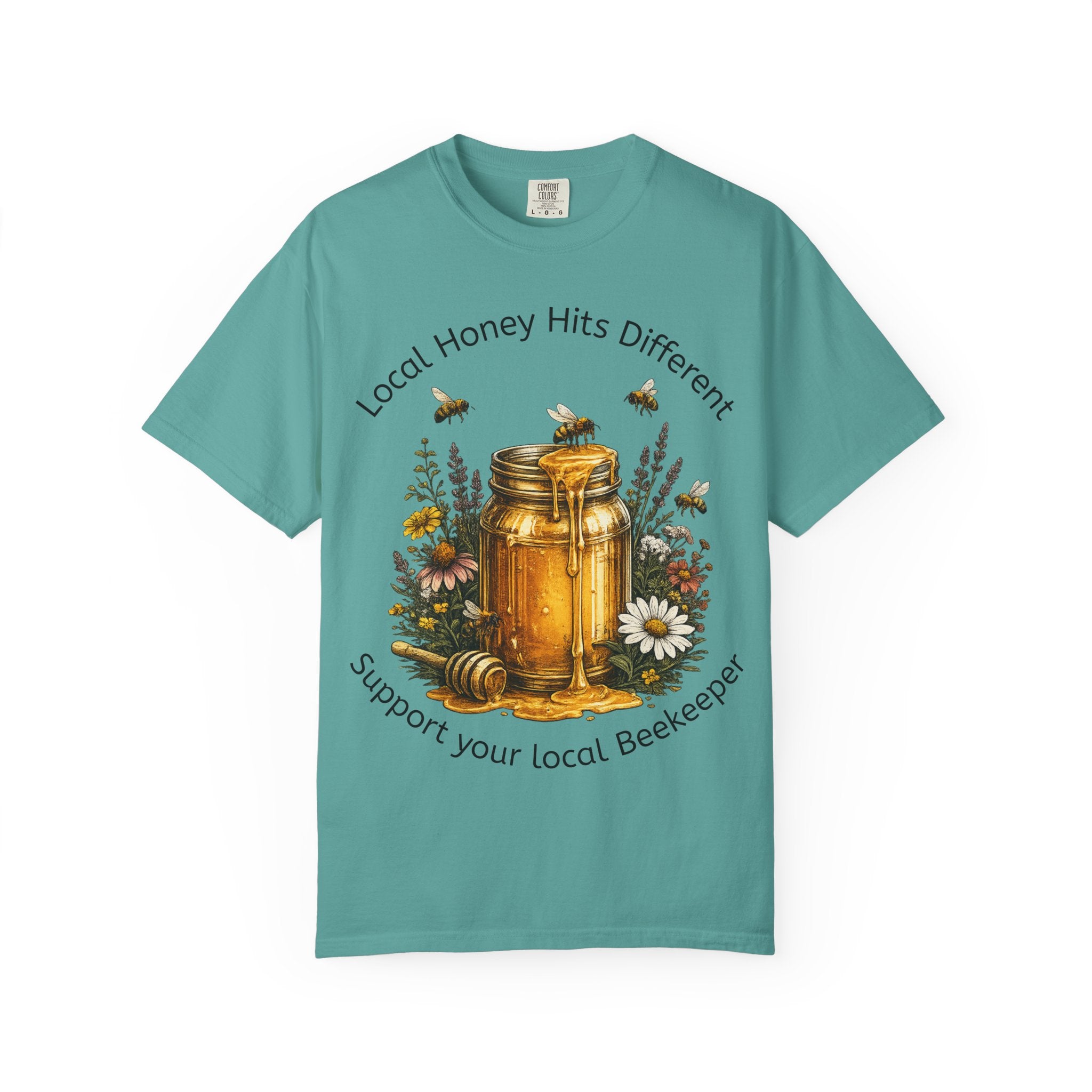 Beekeeper Support T-Shirt — "Local Honey Hits Different" Floral Honey Jar Tee