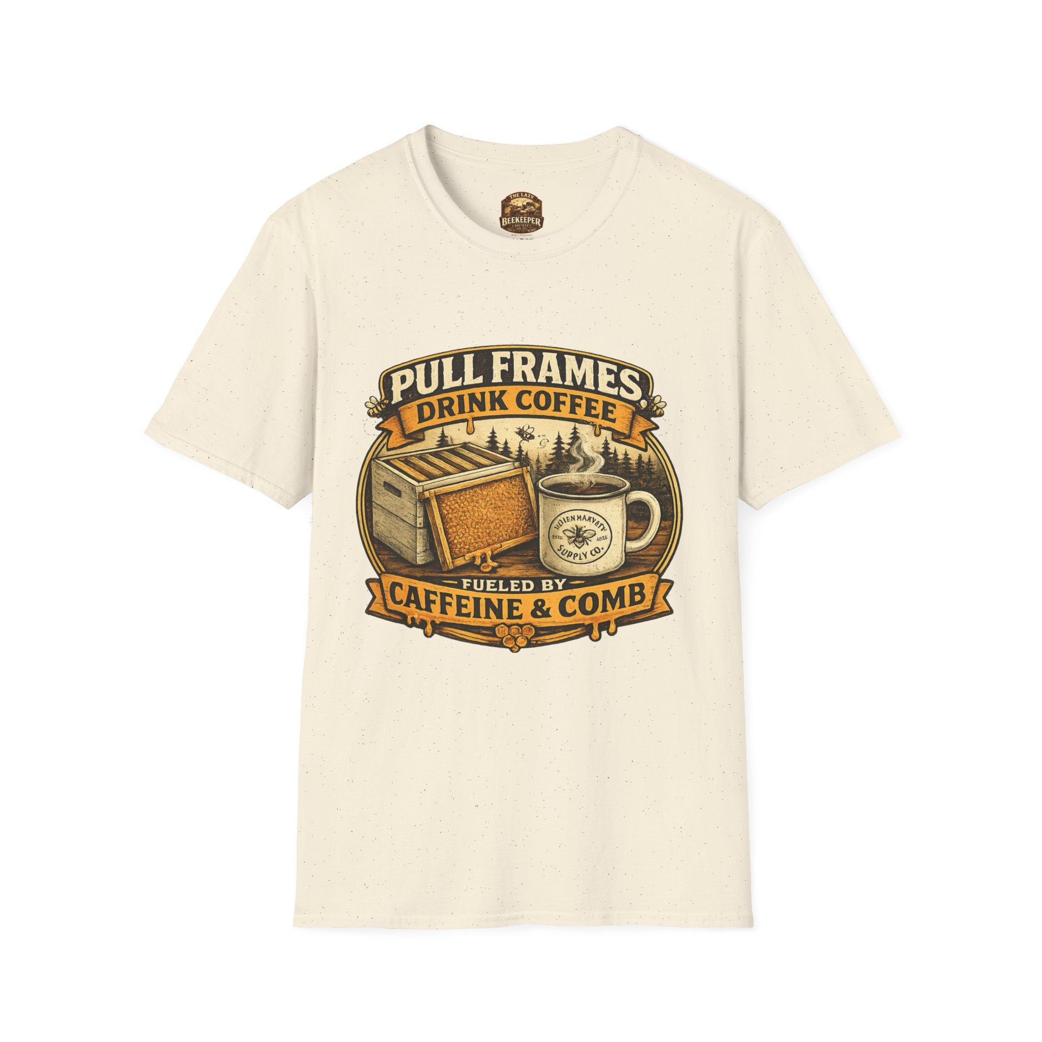T-Shirt „Pull Frames Drink Coffee“ – Imker Kaffee & Waben Grafik-T-Shirt